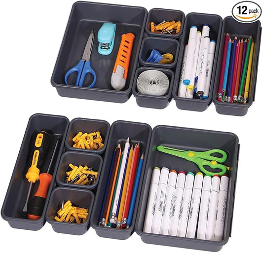 Set of 12 Interlocking Desk Drawer Organizer Tray Dividers Plastic Shallow Narrow Drawers Organizers Separators and Storage Bins Container for Kitchen Bathroom Makeup Office Vanity Bedroom Dresser