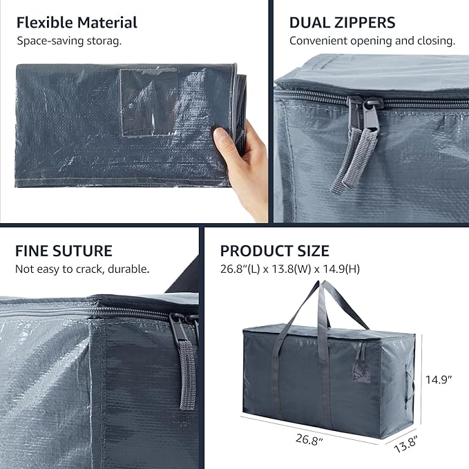 Moving Bags Heavy Duty Extra Large, Moving Boxes, Moving Supplies Essentials,Storage Bins with Lids, Plastic Packing Totes, Storage Bags for Clothes with Handles & Zippers(Grey, 8 Pack)