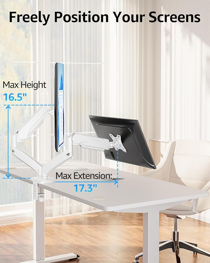 MOUNTUP Dual Monitor Stand for Desk, Gas Spring Monitor Arms for 2 Monitors Max 32 Inches, Height Adjustable Double Monitor Mount, VESA Mount with C-Clamp & Grommet Base, Holds 4.4-17.6lbs, White