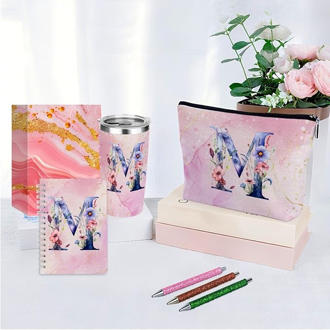 Personalized Gifts Monogrammed Birthday Gifts for Women, Her, Teacher Mother in Law Wedding Christmas Initial 20 oz Tumbler, Makeup Bag Cup Pens Journal Notebook 6 Set, (Aesthetic Pink Flower M)