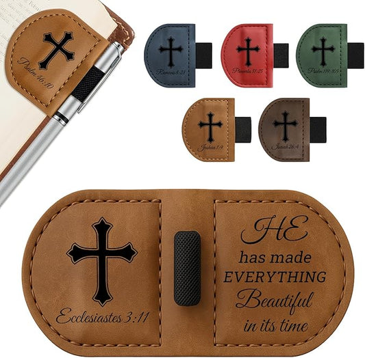 Bygone Mark Personalized Magnetic Leather Bookmark with Pen Holder - Inspirational Bible Verse Scripture Design, Custom Book Marker for Book Lovers Men Women (Brown-Ecclesiastes 3:11)