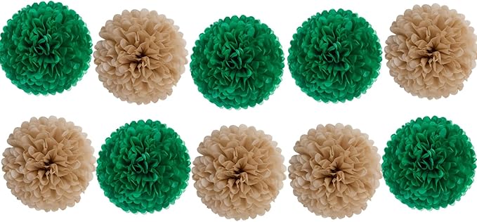 10 Pack 14" Green Brown Tissue Paper Pom Poms, Rustic DIY Hanging Flower Balls for Wedding Baby Shower Birthday Party Home Seasonal Decorations