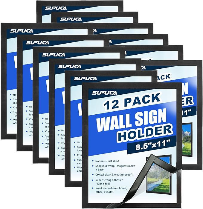 Magnetic Sign Holder & Picture Frame 8.5 x 11 - Self-Adhesive Magnetic Frames with Strong Magnet Border, Clear PVC Document/Poster/Paper Wall Mount Holder for Home Office Store, 12 Pack