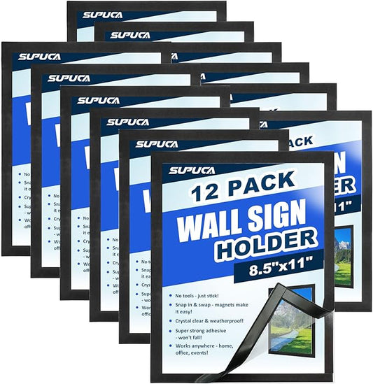 Magnetic Sign Holder & Picture Frame 8.5 x 11 - Self-Adhesive Magnetic Frames with Strong Magnet Border, Clear PVC Document/Poster/Paper Wall Mount Holder for Home Office Store, 12 Pack