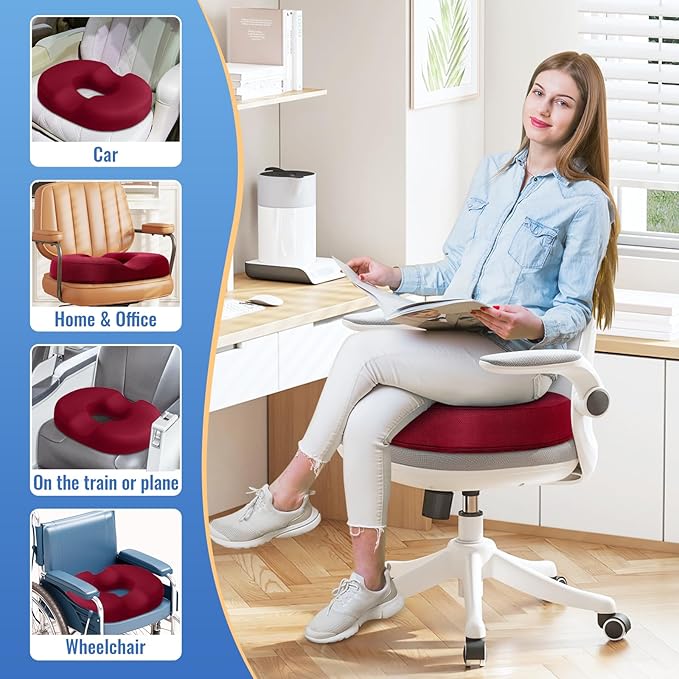 CloudBliss Donut Pillow Seat Cushion Chair Pad for Tailbone Pain Relief and Hemorrhoids, Memory Foam Seat Chair Cushion for Men and Women for Home & Office, (Red-XL)