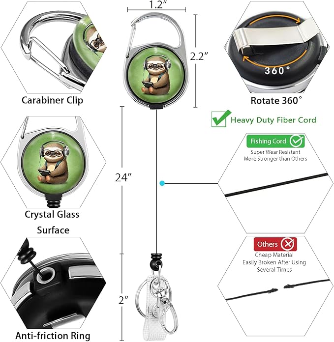 Gctriki Sloth Lanyards for ID Badges, Cute Retractable Badge Reel Heavy Duty with Carabiner Clip, Funny Work ID Badge Holder with Lanyard, Retractable Keychain Name Badge Teacher Nurse Worker Gifts