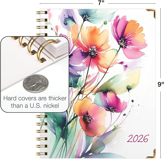 HARDCOVER 2026 Planner, 7"x9": 14 Months (November 2025 - December 2026), Daily Weekly Monthly Planner, Yearly Agenda, Bookmark, Pocket Folder and Sticky Note Set (Rainbow Floral)