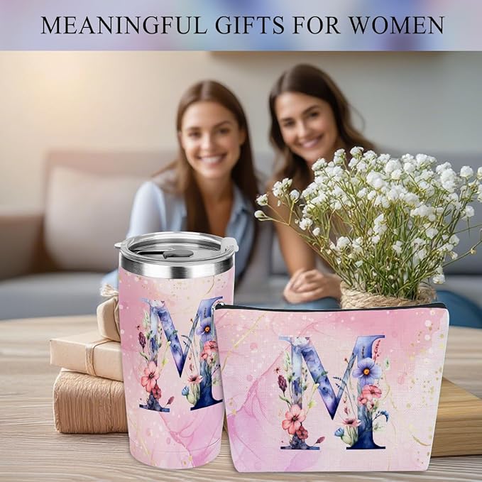 Personalized Gifts Monogrammed Birthday Gifts for Women, Her, Teacher Mother in Law Wedding Christmas Initial 20 oz Tumbler, Makeup Bag Cup Pens Journal Notebook 6 Set, (Aesthetic Pink Flower M)