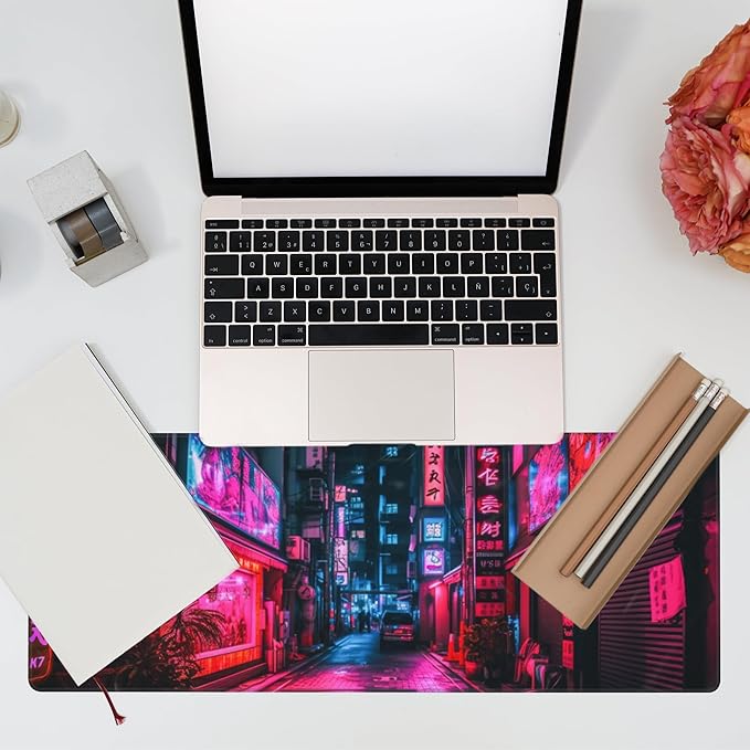 Desk Mat,Japanese Anime Neon Street Desk Pad,Anime City Large Gaming Mouse Pad for Desk,Extended Big Computer Keyboard Mouse Pad with Non-Slip Base and Stitched Edge,31.5"x11.8"
