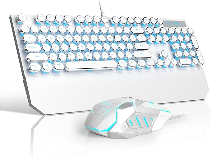 Retro Typewriter Keyboard and Mouse Combo, Cute White Keyboard with Linear Red Switches, Full Size Wired Mechanical Gaming Keyboard, Cool Light Up Keyboard and Mouse for Gaming,Work,Mac,PC,Windows