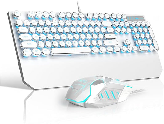 Retro Typewriter Keyboard and Mouse Combo, Cute White Keyboard with Linear Red Switches, Full Size Wired Mechanical Gaming Keyboard, Cool Light Up Keyboard and Mouse for Gaming,Work,Mac,PC,Windows
