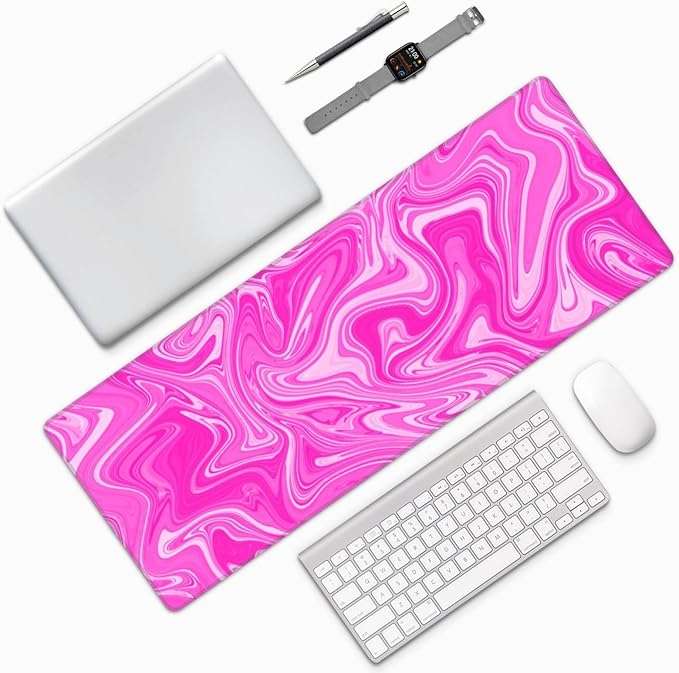 Hot Pink Digital Marble Fluid Liquid Marbled Pattern Topographic Contour Gaming Mouse Pad 31.5 X 11.8 Inch XL Extended Large Keyboard Non-Slip Rubber Base with Stitched Edges for Home Office