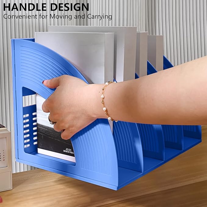 SAYEEC File Holder Storage Folder 4 Compartment Standing Desktop Hollow Organizer Blue Files Shelf Frame Thicken Plastic Paper Notebook Magazine Bookstore for Office School Supplier Students