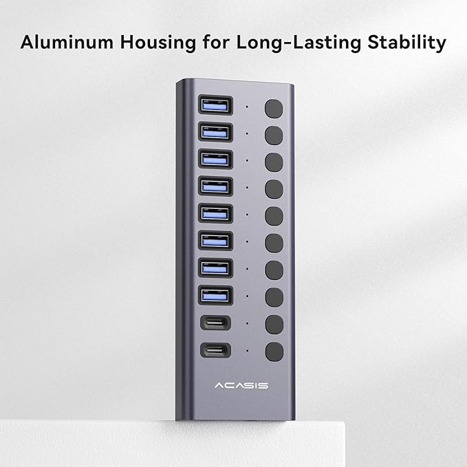 ACASIS 10 Ports 60W USB C 3.2 Hub, 10Gpbs Data Transfer, 20V/3A Power Adapter, Individual On/Off Switches, Aluminum Housing, USB Splitter for PC, Computer, Laptop, Mobile HDD, Flash Drive