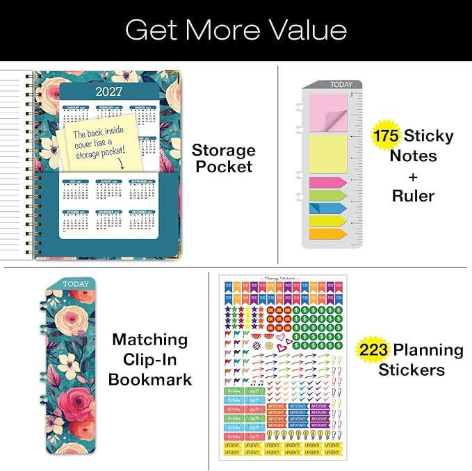 HARDCOVER 2026 Planner, 8.5"x11": 14 Months (November 2025 - December 2026), Daily Weekly Monthly Planner, Yearly Agenda, Bookmark, Pocket Folder and Sticky Note Set (Teal Floral)