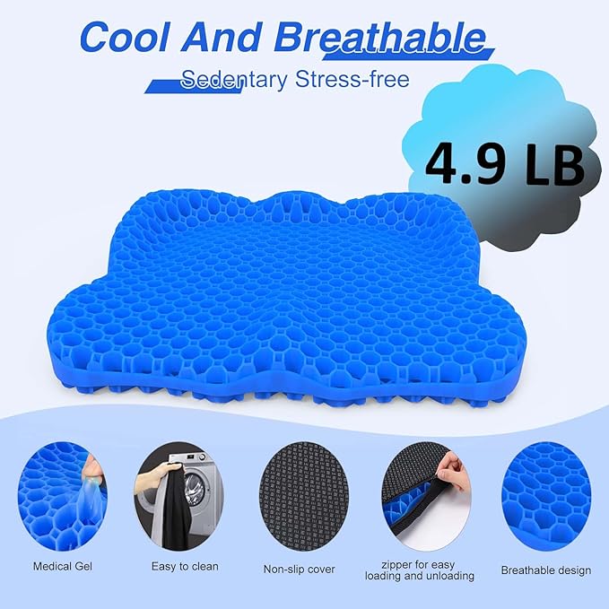 Thicken 19.7in Seat Cushion, Gel Seat Cushion for Long Sitting–Office Chair, Wheelchair, Car Pad, Large Cooling Support Pad for Back Pain, Sciatica, Tailbone Pain Relief
