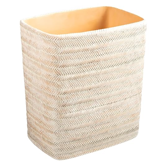Polytree Bathroom Trash Can 1.8 Gallon Small Kitchen Garbage Can,Decor Wastebasket for Bedroom Office,Resin Hand-Carved Bamboo Wicker,Farmhouse White