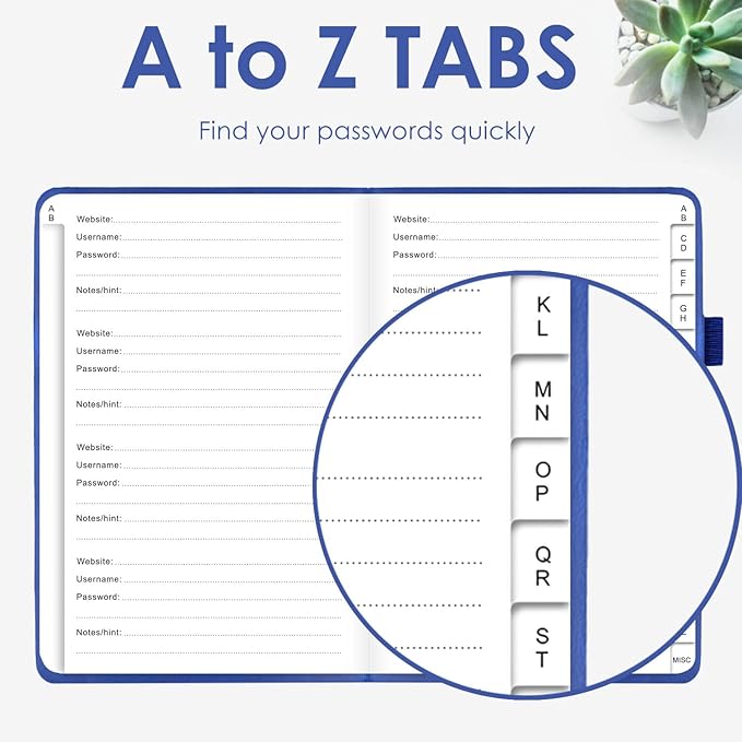Elegant Password Book with Alphabetical Tabs - Hardcover Password Book for Internet Website Address Login - 5.2" x 7.6" Password Keeper and Organizer w/Notes Section & Back Pocket（Royal Blue）