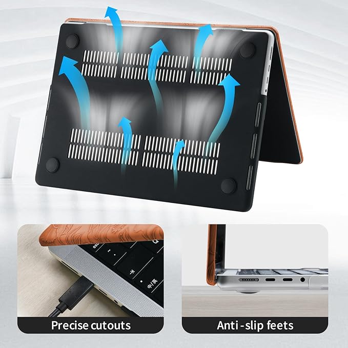 DTangLsm for MacBook Pro 13 inch Case M2 2025 2024-2016 A2338 M1 A2289 A2251 A2159 A1989 A1706 A1708, Elegant Retro Leather Hard Shell Cover for MacBook Pro Case + Keyboard Cover,Brown Embossed Floral