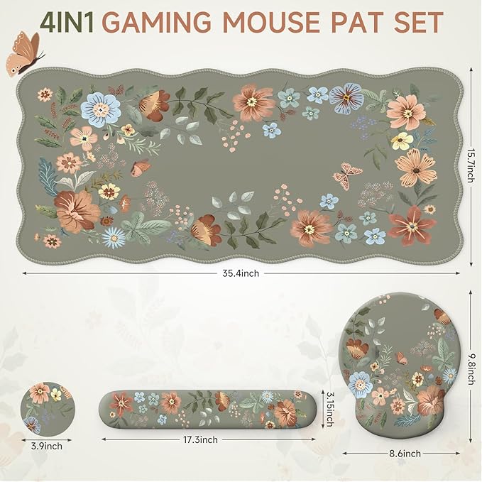 Desk Pad Mat Green, Wrist Rest Support for Mouse Pad&Keyboard Set, Scalloped Vanity mat Protector for Makeup, Cute Floral Nail Mat, Aesthetic Desk Protector for Women's Office Home, Dorm