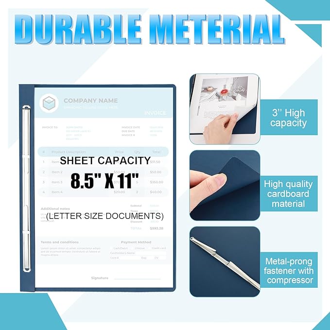 Zhanmai 15 Packs 8.5'' x 11'' Pressboard Report Covers, Metal Prong Fastener with Compressor, Letter Size 3'' Capacity Presentation Report Folder to Neatly Bind Reports, Proposals, Documents(Blue)