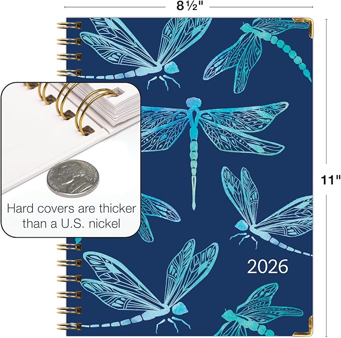 HARDCOVER 2026 Planner, 8.5"x11": 14 Months (November 2025 - December 2026), Daily Weekly Monthly Planner, Yearly Agenda, Bookmark, Pocket Folder and Sticky Note Set (Dragonflies)