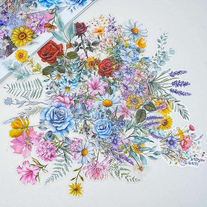 100 Pcs Natural Flower Stickers for Scrapbooking Junk Journal Notebook Planner Card Making Collage Envelope Water Bottle Phone Case Craft, Rose, Daisy, Lavender, Sunflower, Wildflower Stickers