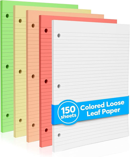 Colored Notebook Paper – 8.5 x 11, 150 Sheets – Thick 80 gsm College Ruled Colorful Loose Leaf Filler Paper – 3-Hole Punched Binder Papers for School, Office, and Journaling (Bright)