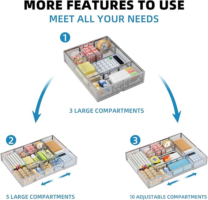 Marbrasse Expandable Desk Drawer Organizer, Mesh Tray with 10 Adjustable Compartments, Desk Organizers for Office Supplies, Makeup & Vanity (Expandable-Silver)
