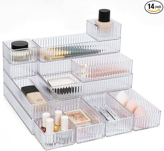 HOTOOLME 14PCS Clear Drawer Organizers Bins, 4 Size Clear Makeup Drawer Organizer, Stackable Vanity Drawer Organiser Trays, Bathroom Drawer Storage for Cosmetics, Office Supply