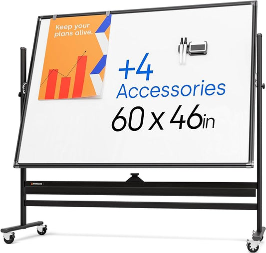 Rolling Dry Erase Board 60 x 46 - Large Portable Magnetic Whiteboard with Stand - Double Sided Easel Style with Wheels - Mobile Standing Whiteboard for Office, Classroom & Home
