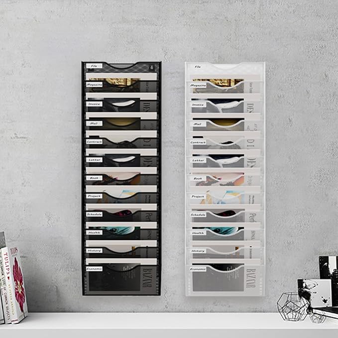 12 Tier Hanging Wall File Holder, Metal A4 Wall Mounted Document Holder, Vertical Hanging Mail Organizer, Magazine Storage Rack for Office Home Classroom, Black