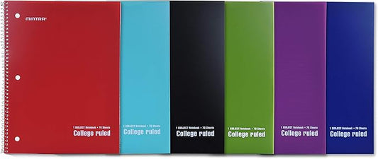 Mintra Office Spiral Notebooks - 1 Subject, Poly Cover, 70 Sheets, College Ruled, 8in x 10in, Bulk Pack, Primary Color Waterproof Covers, Set of 6 - for School, Office, Business, Professional (04659)