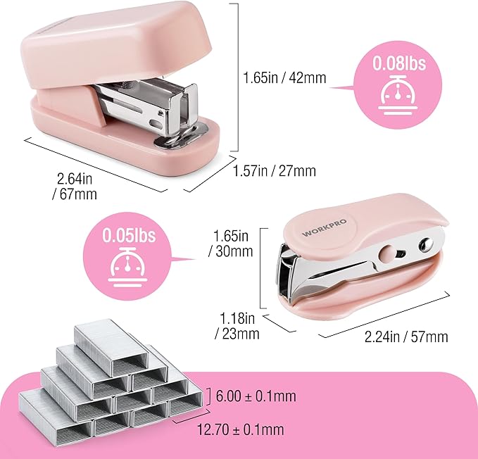 WORKPRO Mini Stapler with Staples, Pink Stapler Set Includes Two Small Staplers, One Staple Remover, 2000 Standard Staples - Cute Staplers for Desk with Non-Slip Base, Lock Design - Pink Ribbon