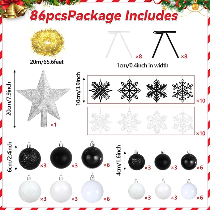 86Pcs Led Light Black and White Christmas Tree Decorations Set 100 Led Light Christmas Star Trees Topper with String Lights Xmas Balls Snowflakes Ornaments Bows Xmas Trees Decor 20m Light String