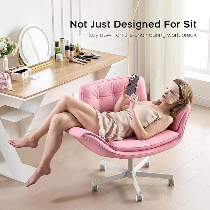 Criss Cross Chair with Armrests & Wheels, PU Leather Vanity Chair, Comfortable Adjustable Swivel Computer Office Desk Chairs for Home, Make Up, Bed Room (Pink)