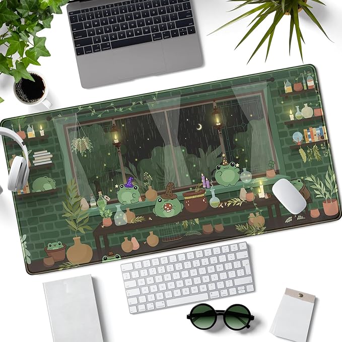 Cute Desk Mat Kawaii Frog Mouse Pad Green Desk Anime Mat Large Gaming Mouse Pad Desk Computer Keyboard Pad Desk Home Office Accessories Girl Stitched Eges (31.5x15.7 in) WER236