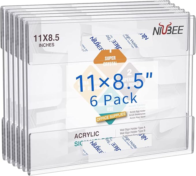 NIUBEE Acrylic Sign Holder 8.5x11 Inches Horizontal,Clear Plastic Wall Mount Sign Holder Poster Paper Holder with Free Double Sided Tape for Office, Home, Store, Restaurant-No Drilling(6 Pack)