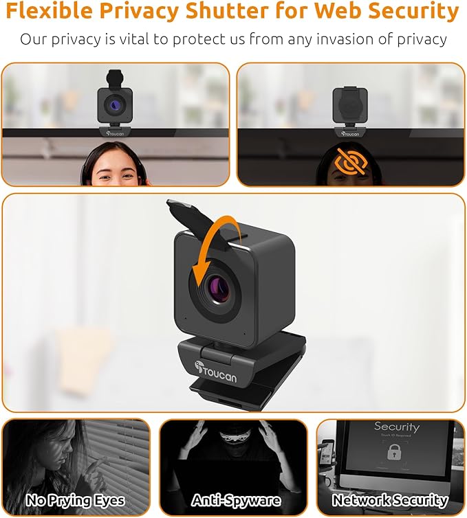 TOUCAN 1080P HD Webcam with Built-in Noise-Cancelling Mic & Privacy Shutter – Wide 90° Angle, Plug & Play USB Video Camera for Video Calls, Streaming, Home Office & Online Classes
