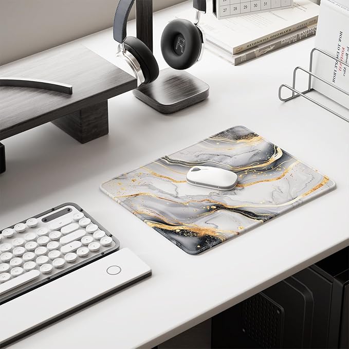 Auhoahsil Mouse Pad, 12 x 10 in Luxury Marble Theme Computer Mouse Pad for Desk, Premium-Textured Non-Slip Rubber Stitched Edges Waterproof Square Mouse Mat for Gaming Work Wireless Mice, Gray Gold