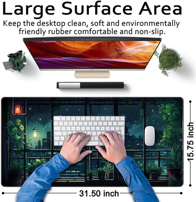 Extended Army Blue Desk Mat Window Plant Bonsai Green Animes Pad Large Mousepad Gaming XL Computer Mat Office Decor for Women Large Desktop Mat Laptop Keyboard Mousepad for Desk 31.5x15.8in