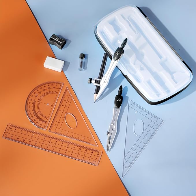 Zonon Math Geometry Set 10 Pcs Student Supplies with Shatterproof Storage Box, Includes Rulers Protractor Compass Pencil Sharpener Lead Refills Eraser Pencil for Drafting and Drawings (Black)