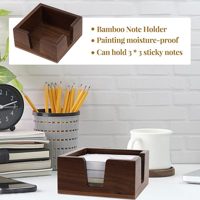 Wood Sticky Note Holder, Self Stick Note Pad Holder, Post It Note Dispenser Desk Organizer Walnut Wood Office Desk Accessories for School Office Desk Supplies - Black