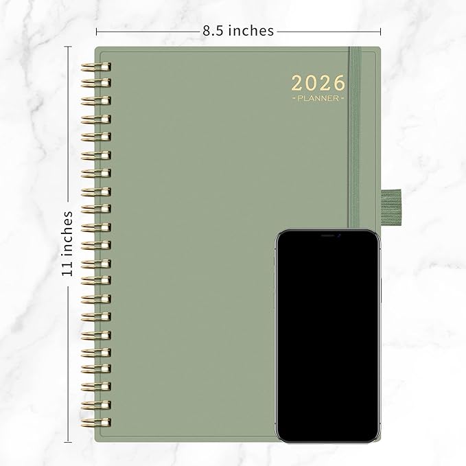 RETTACY 2026 Planner, Weekly and Monthly, Large Size (8.5" x 11"), Jan - Dec 2026, Agenda, Calendar, 12 Month Tabs, Flexible Plastic Cover, 100 GSM Thick Paper, Spiral-bound (Light Green)