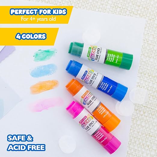 BAZIC Products Washable Colored Glue Stick 8g/0.28 Oz, All Purpose Acid Glue Sticks for Kids Photos Paper Kids at School Home Office (4/Pack), 24-Pack