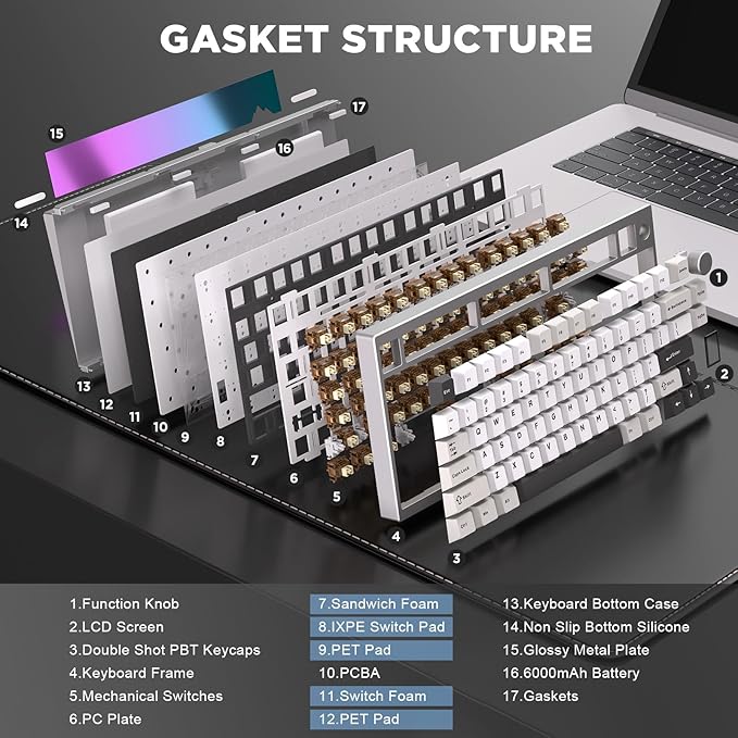 YUNZII AL80 Wireless Mechanical Keyboard,Full Aluminum CNC, Smart LCD Display,Hot Swappable Gasket Mount 75% Layout with Knob,BT/2.4G/USB-C,QMK/VIA Support for Win/Mac (Silver, Cocoa Cream V2 Switch)