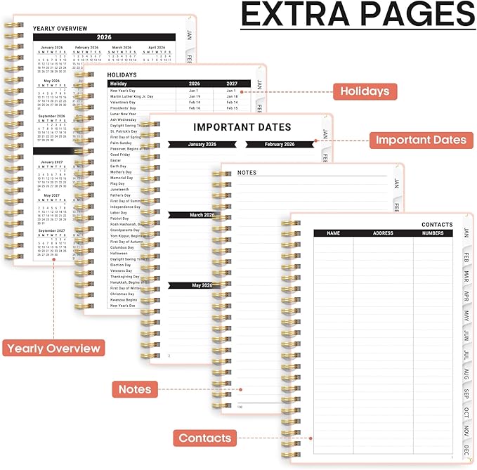 2026 Planner, Weekly and Monthly Calendar Planner, January 2026 - December 2026, Hardcover 2026 Calendar Planner Book with Tabs For Women & Men, Inner Pocket, Spiral Bound, Perfect for Office Home School Supplies - A5 (6.3" x 8.5"), Pink