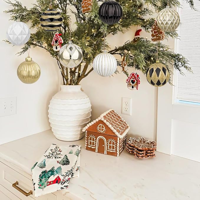 Hollyone 4 Inch Black & White & Gold Christmas Ornaments - 12 Pcs Shatterproof Tree Ornaments for Xmas Tree Decor & Party Wreath Home Decor