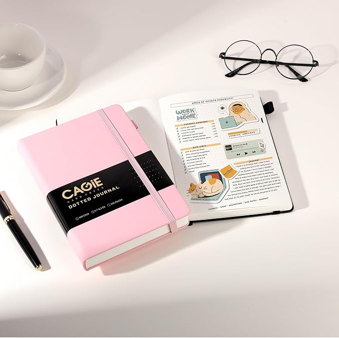 CAGIE Bullet Dotted Journal Notebook 320 Pages 100 GSM Paper Hardcover A5 Dot Grid Notebook Leather Journals for Writing Women Men Work Journaling, Pink