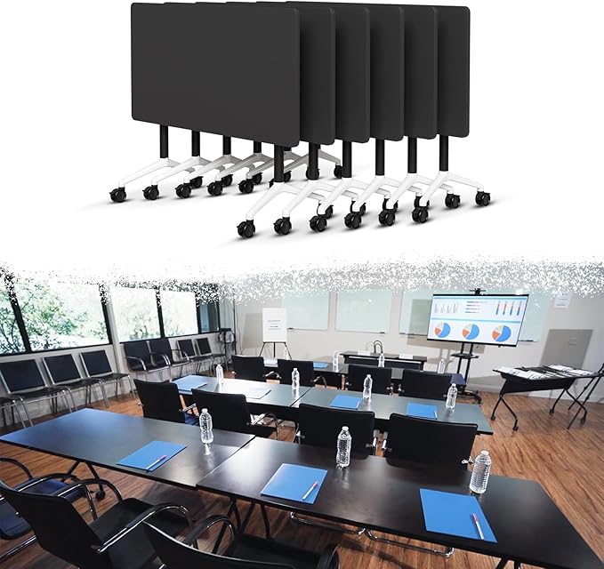 Conference Room Table, Folding Conference Tables,Thicken Grey Tabletop,Flip Top Wooden Seminar Meeting Room Table for Conference Room Offices (6, Black, 55.1”)